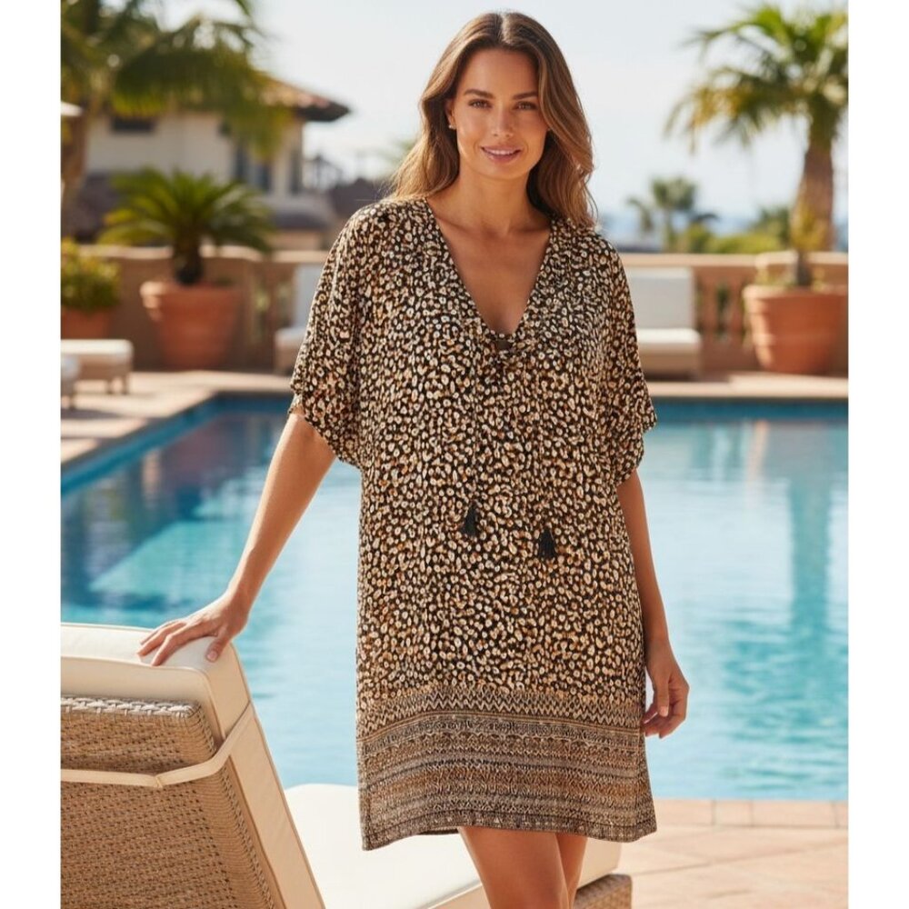 Coco Reef L Raya Tassel Cover-up Wild Cheetah Ikat Swimwear V-Neck Mini Dress
